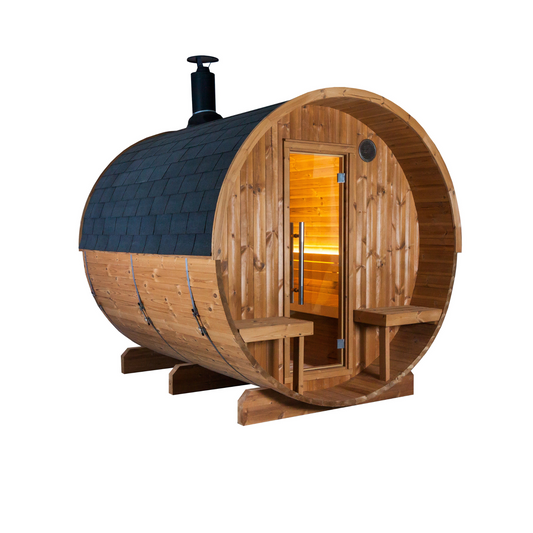 Barrel sauna -  Thermo hout -Achterkant in half glas - met portaal